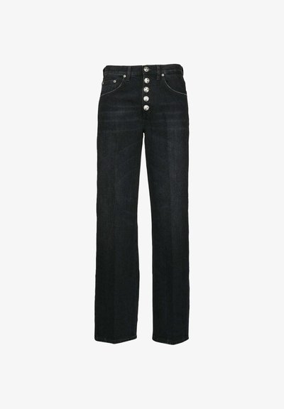 Pantaloni in denim nero con un design a gamba dritta, dotati di vita alta e chiusura frontale con diversi bottoni argentati.