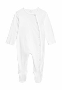 Body bébé blanc à manches longues en coton doux, avec des boutons-pression sur le devant et un design avec pieds pour plus de chaleur.