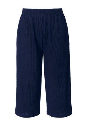 Pantalones de pierna ancha de color azul marino oscuro con tela texturizada y cintura elástica, recortados a mitad de la pantorrilla.
