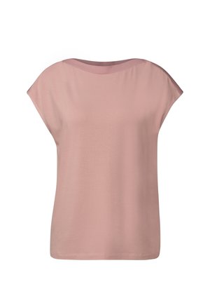Růžové tričko s krátkým rukávem a kulatým výstřihem. Vyrobené z měkké tkaniny, má uvolněný střih a hladkou texturu. Bez vzorů nebo akcentů.