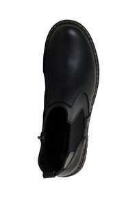 Zwarte leren enkelboot met een gladde afwerking, ronde neus, elastische zijpanelen en decoratieve stiksels rond de zool.