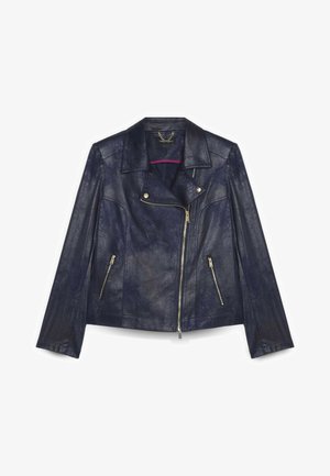 Veste en cuir bleu marine avec fermeture éclair asymétrique à l'avant, deux poches latérales zippées, large col et manches longues.