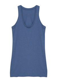 Niebieski bezrękawnik z okrągłym dekoltem i dopasowanym krojem, wyeksponowany na białym tle.