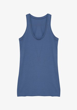 Niebieski bezrękawnik z okrągłym dekoltem i dopasowanym krojem, wyeksponowany na białym tle.