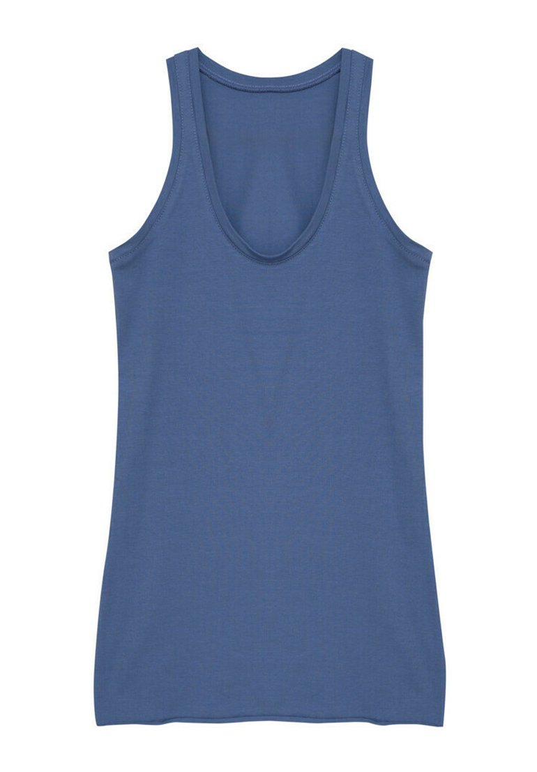Niebieski bezrękawnik z okrągłym dekoltem i dopasowanym krojem, wyeksponowany na białym tle.