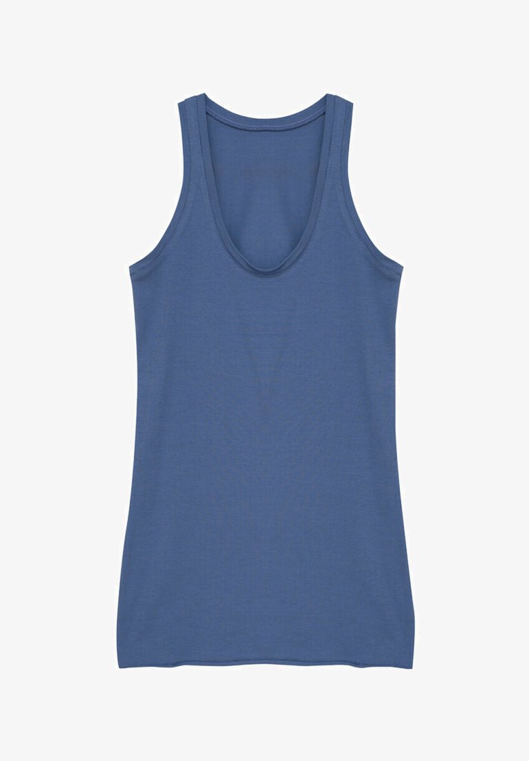 Niebieski bezrękawnik z okrągłym dekoltem i dopasowanym krojem, wyeksponowany na białym tle.