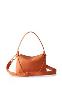Orange leather handbag with a curved shape, featuring a single top handle and a detachable shoulder strap, accented by gold hardware.