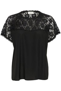 Black blouse featuring a lace overlay at the shoulders, with a round neckline and loose fit for comfort. Smooth fabric texture.