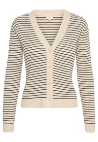 Cardigan beige con strisce orizzontali nere, scollo a V e sei grandi bottoni. Presenta una texture a coste e maniche lunghe.