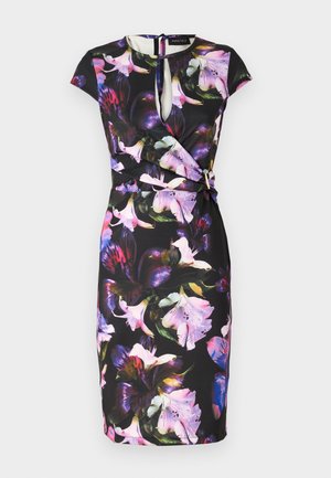 Floral dress with a black background, featuring a keyhole neckline, cap sleeves, and a wrap design. Decorated with colorful, large flowers.