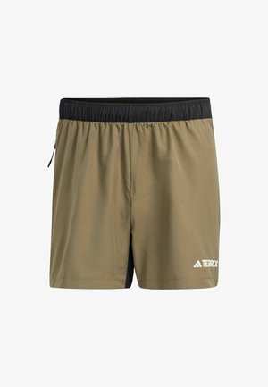 Pantalones cortos Terrex en verde oliva con una cintura negra; tela ligera, cintura elástica, bolsillo lateral y detalle del logo blanco en el dobladillo.