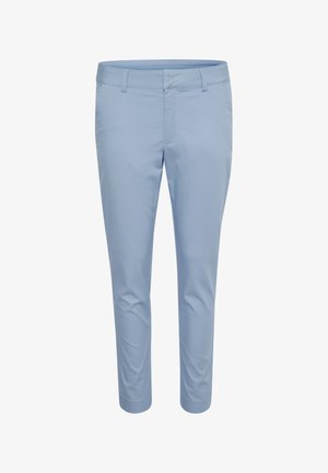 Lichtblauwe broek gemaakt van gladde stof, met een slim fit en taps toelopende benen, voorzien van zijzakken en een standaard tailleband.
