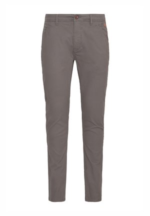 Grijze katoenen chinos met een rechte pasvorm, voorzien van een knoopsluiting, standaard zakken en een minimalistisch ontwerp. Soepele textuur en geen patronen.