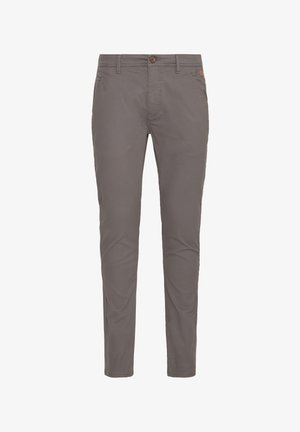 Graue Baumwoll-Chinos mit geradem Schnitt, ausgestattet mit einem Knopfverschluss, normalen Taschen und minimalistisches Design. Glatte Textur und keine Muster.