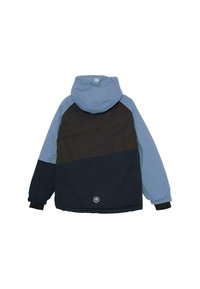 Pelēka ziemas jaka ar gaiši ziliem piedurknēm un kapuci, melnu augšējo aizmugures paneli un tumši zilu apakšējo aizmugures paneli, ar diviem maziem baltajiem logotipiem.