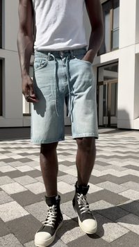 Gaiši zilas denim šortus līdz ceļgaliem, ar jostu cilpiņām un auklu. Valkāti ar augstiem melniem sporta apaviem ar baltām zolem.