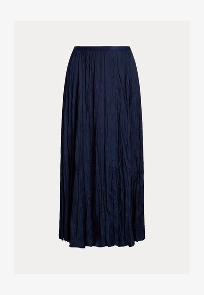 Saia maxi azul-escura feita de tecido amassado, com um cós ajustado e um design plissado e fluido para uma silhueta descontraída.