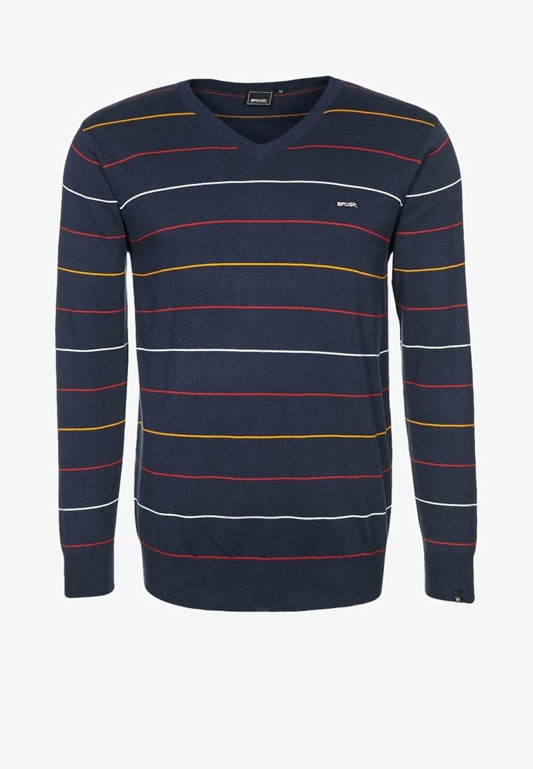 Pull col en V bleu marine à manches longues avec des rayures horizontales blanches, rouges et jaune moutarde sur le corps et les manches.