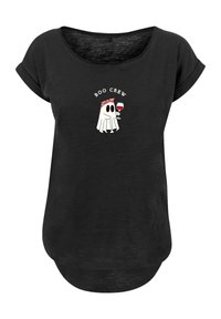 Black T-shirt with a relaxed fit, featuring a cartoon ghost holding a wine glass and the text "BOO CREW" above the image. Soft fabric, short sleeves.