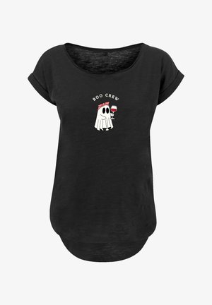 Black T-shirt with a relaxed fit, featuring a cartoon ghost holding a wine glass and the text "BOO CREW" above the image. Soft fabric, short sleeves.