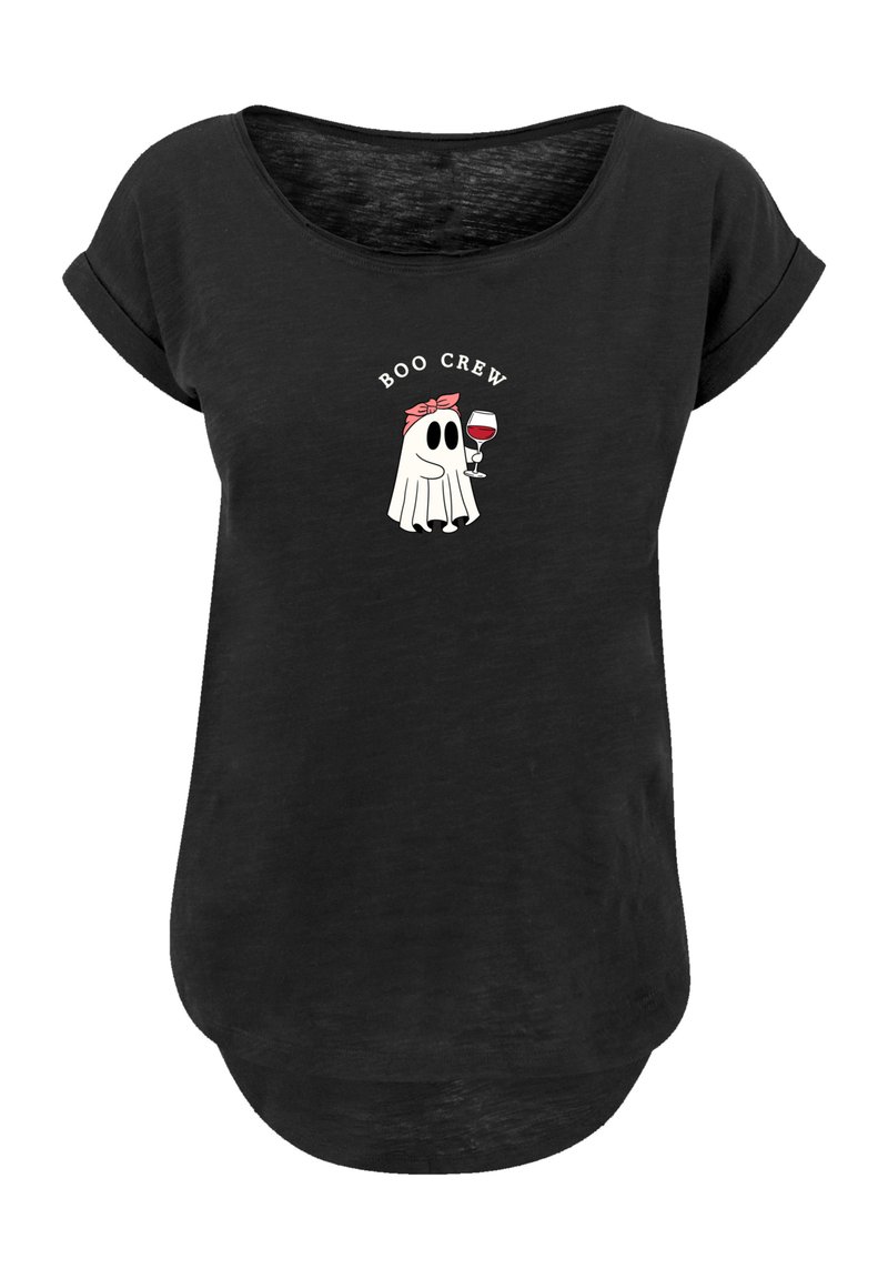 Black T-shirt with a relaxed fit, featuring a cartoon ghost holding a wine glass and the text "BOO CREW" above the image. Soft fabric, short sleeves.