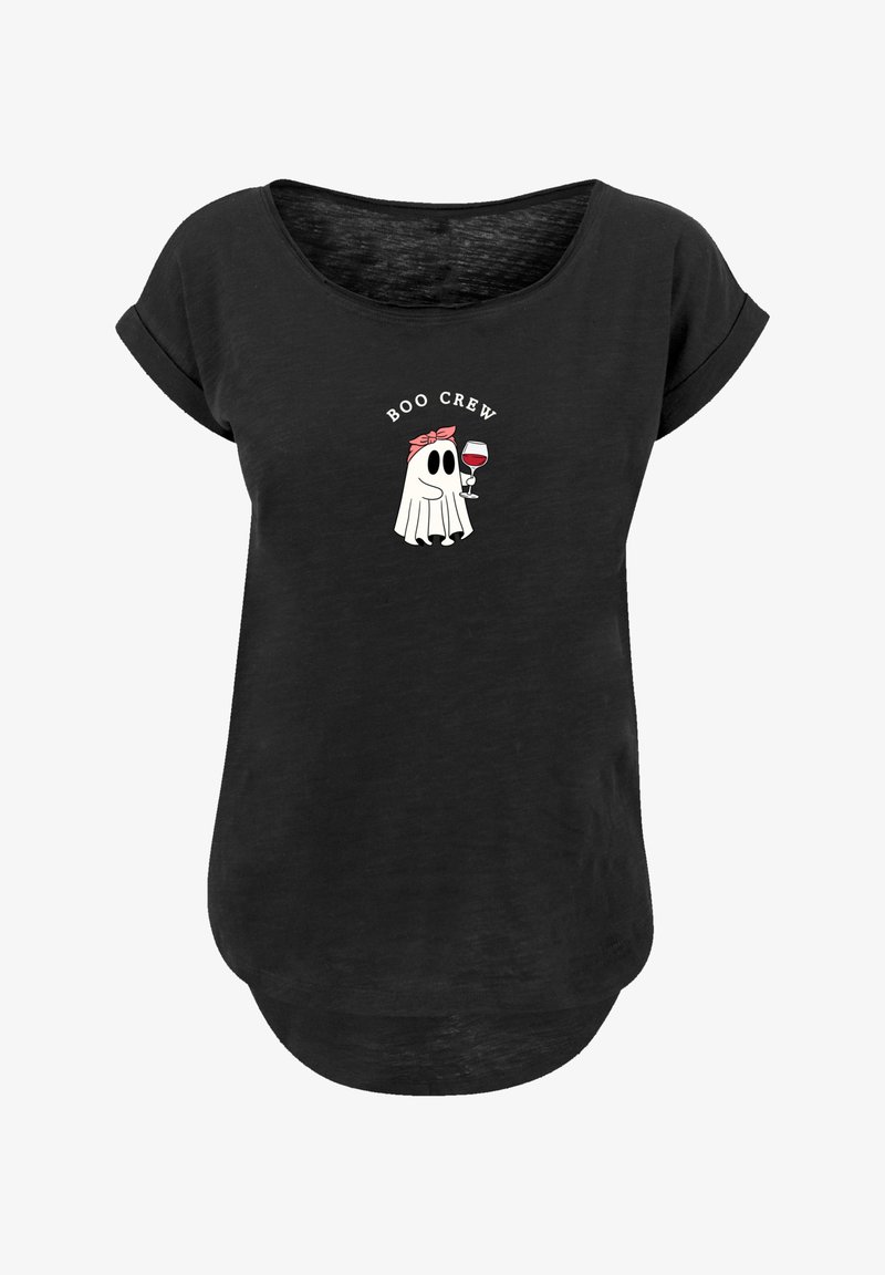 Black T-shirt with a relaxed fit, featuring a cartoon ghost holding a wine glass and the text "BOO CREW" above the image. Soft fabric, short sleeves.