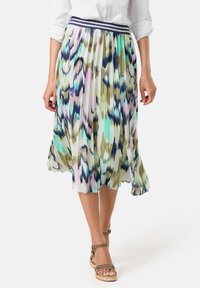 Faltrock mit einem bunten, abstrakten Muster in verschiedenen Grüntönen, Rosa und Blau. Verfügt über einen marineblauen gestreiften Bund und ein leichtes Material.