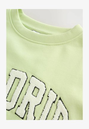 Lys grøn sweatshirt med ribbet hals. Forsiden har blød, hvid frotté-tekst med sort outline. Blødt stof.