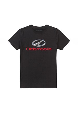Black cotton t-shirt featuring a silver Oldsmobile logo and red text below. Classic crew neck design with short sleeves.