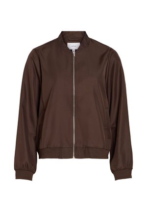 Braune Bomberjacke aus glattem Stoff, mit durchgehendem Reißverschluss, gerippten Bündchen und Stehkragen. Schlichtes Design ohne sichtbare Muster.