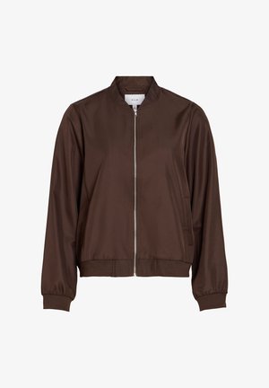 Braune Bomberjacke aus glattem Stoff, mit durchgehendem Reißverschluss, gerippten Bündchen und Stehkragen. Schlichtes Design ohne sichtbare Muster.