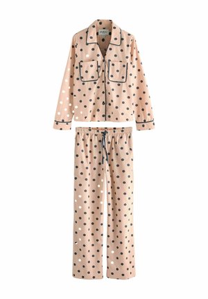 Pajama set s točkicama u mekom breskvastom materijalu. Sadrži dug rukav, košulju na dugme s dvije prednje džepove i hlače s elastičnom strukom.