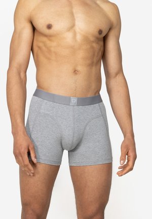 Boxers ajustados de algodón gris con una banda elástica suave. Presentan un ajuste ceñido y un diseño simple, adecuado para el uso diario.