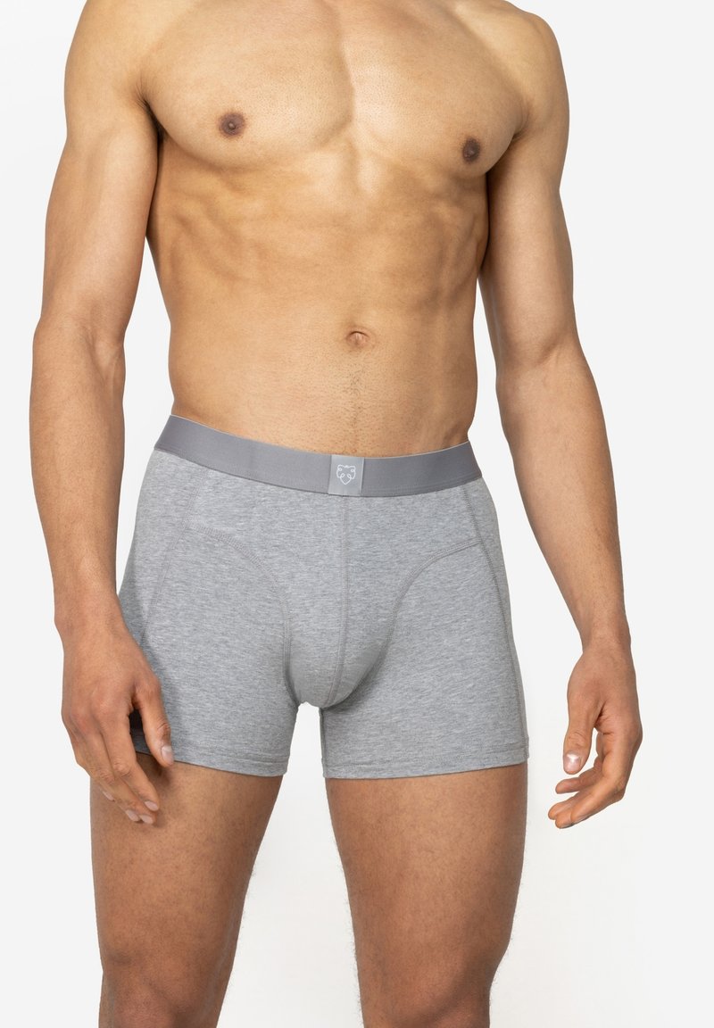 Grey cotton boxer briefs with a soft elastic waistband. Features a snug fit and a simple design, suitable for everyday wear.