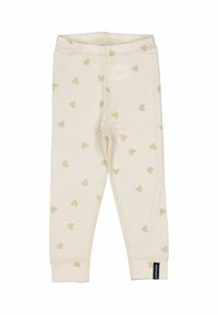 Krämfärgade babyleggings med ljusbruna hjärtmönster och en liten svart varumärkesskylt nära vristen.