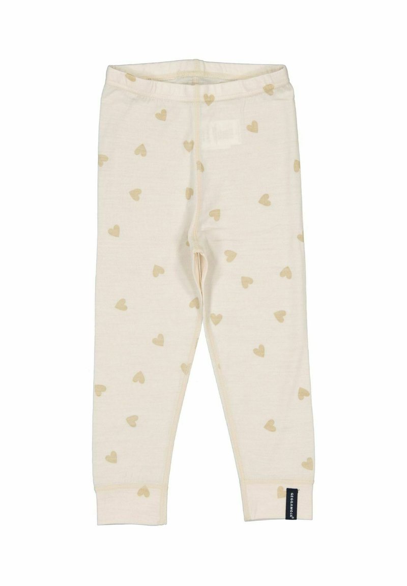 Krämfärgade babyleggings med ljusbruna hjärtmönster och en liten svart varumärkesskylt nära vristen.