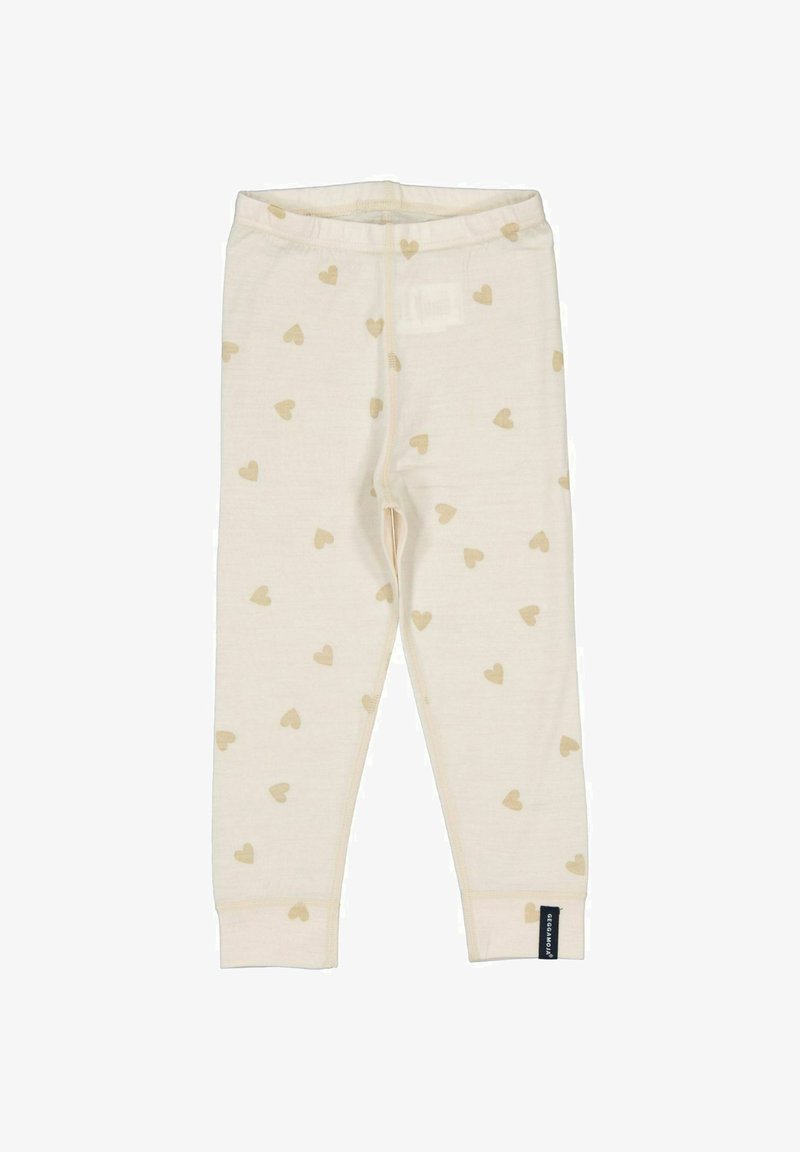 Cremefarvede baby leggings med lysebrune hjerter og et lille sort mærke nær anklen.