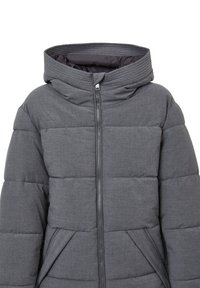 Giacca puffer grigia con colletto alto, caratterizzata da un design a righe orizzontali, chiusura frontale con zip e due tasche laterali. Tessuto morbido.