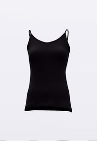 Schwarzes Camisole-Top mit V-Ausschnitt, verstellbaren dünnen Trägern, aus glattem, elastischem Material für eine bequeme Passform.