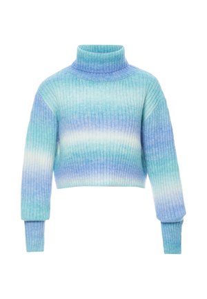 Himmelblauer und türkiser gerippter Rollkragenpullover, verkürztes Design mit langen Ärmeln, das ein Farbverlaufsmuster und eine weiche Textur aufweist.
