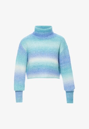 Světle modrý a tyrkysový žebrový svetr s rolákem, zkrácený střih s dlouhými rukávy, se gradientním barevným vzorem a měkkou texturou.
