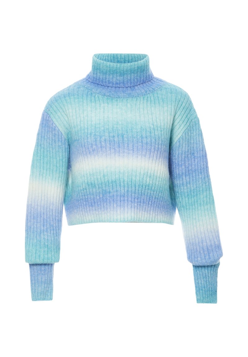 Pulover cu guler înalt, de culoare albastru deschis și turcoaz, cu o croială scurtă și mâneci lungi, având un model cu gradient de culori și o textură moale.