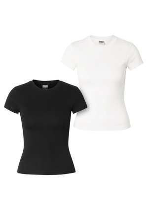 To tætsiddende t-shirts med korte ærmer og rund halsudskæring, én sort og én hvid, vist side om side på en hvid baggrund.