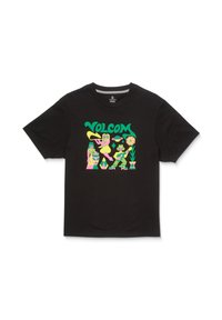 Zwarte katoenen t-shirt met een kleurrijke grafische print van verschillende geometrische vormen en figuren, waaronder planten en een bloem.