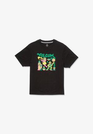 T-shirt en coton noir avec un imprimé graphique coloré comprenant diverses formes géométriques et figures, y compris des plantes et une fleur.