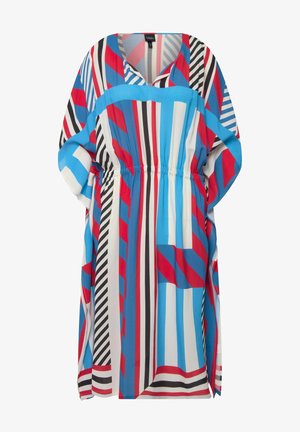 Bunt gefüttertes Kleid mit blauen, roten, schwarzen und weißen geometrischen Mustern. Lockere Passform mit V-Ausschnitt und elastischem Taillendetail. Kurze Fledermausärmel.