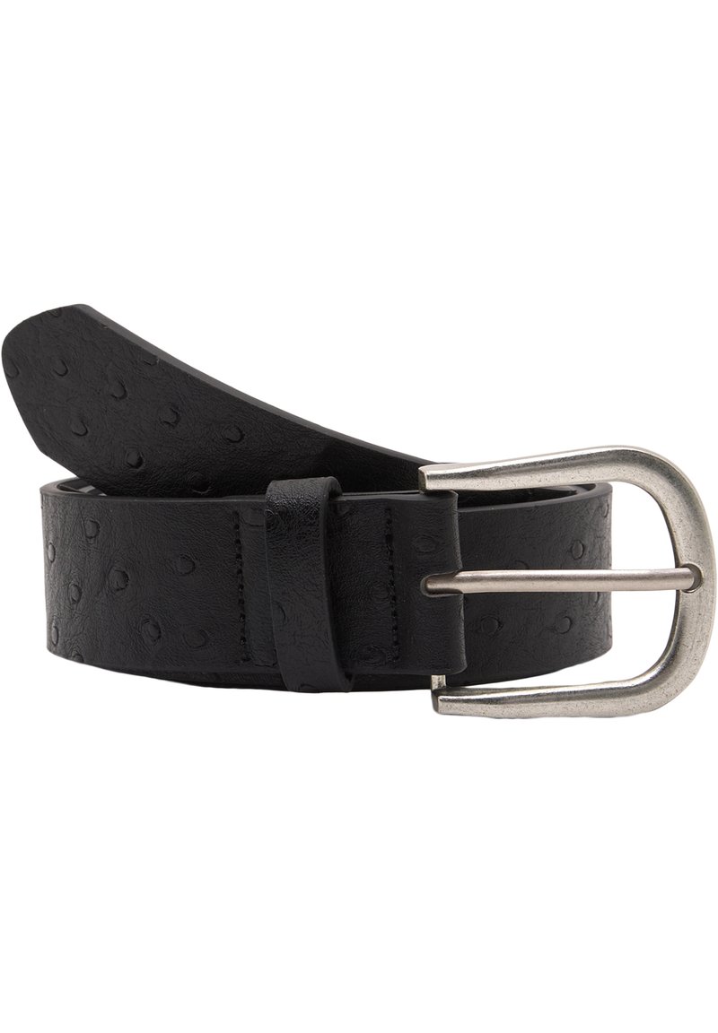 Sort læderbælte med et præget mønster, der har en sølvmetal spænde og holder, som fremhæver en glat tekstur og en afsmalnet ende.