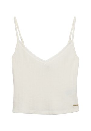 Camisola blanca sin mangas con tirantes finos ajustables y un sutil adorno de encaje a lo largo del escote en V, con un pequeño logo dorado cerca del dobladillo.