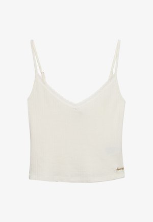 Camisola blanca sin mangas con tirantes finos ajustables y un sutil adorno de encaje a lo largo del escote en V, con un pequeño logo dorado cerca del dobladillo.