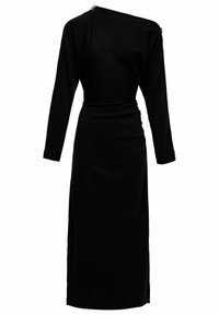 Largo vestido negro con mangas largas, cintura ajustada, diseño de un solo hombro y detalles de botones dorados en los hombros.
